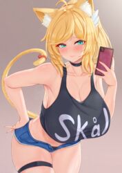  ahoge blonde_hair body_freckles borrowed_character breasts cat_girl cellphone choker cleavage closed_mouth collarbone commission cream_cod female freckles green_eyes highres huge_breasts micro_shorts original phone selfie shirt shorts sleeveless sleeveless_shirt smartphone smile solo swedish_text thigh_strap 