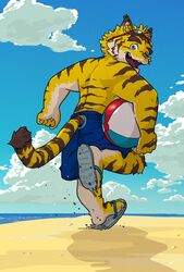  2023 5_fingers aged_down anthro ball beach_ball blue_clothing blue_eyes blue_swimming_trunks blue_swimwear bottomwear brown_body brown_fur brown_stripes clothed clothing cloud colored countershade_arms countershade_legs countershade_torso countershading dipstick_tail felid fingers footwear fur furgonomic_bottomwear furgonomic_swimwear furgonomics head_tuft hi_res inflatable male mammal markings morenatsu multicolored_body multicolored_fur open_mouth open_smile pantherine pink_nose running sand sandals sky smile solo striped_body striped_fur stripes swimming_trunks swimwear tail tail_markings takichizento tan_body tan_fur tiger topless topless_anthro topless_male torahiko_(morenatsu) tuft yellow_body yellow_fur young 