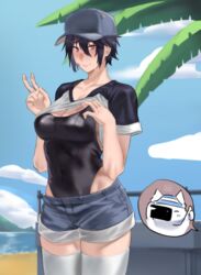  bandaid bandaid_on_breast bandaid_on_cheek bandaid_on_face baseball_cap black_hair black_one-piece_swimsuit blue_sky breasts chibi chibi_inset cleavage commentary dated_commentary day denim denim_shorts embarrassed exhibitionism feline female hair_between_eyes hat highres hunyan legs_together lifting_own_clothes medium_breasts object_on_head ocean one-piece_swimsuit original outdoors panties panties_on_head pink_eyes public_indecency raglan_sleeves rina_(hunyan) shirt shorts sky solo_focus standing sweatdrop swimsuit swimsuit_under_clothes t-shirt taking_picture thighhighs tomboy underwear v white_legwear 