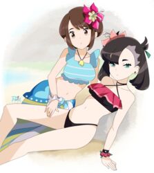  2girls bikini black_bikini_bottom black_hair bracelet brown_hair dark_hair earrings eyebrows_visible_through_hair female female_only flower gloria_(pokemon) hair_ribbon hand_on_thigh looking_at_viewer marnie_(pokemon) necklace nintendo pokemon pokemon_masters pokemon_ss r3dfive short_black_hair short_brown_hair short_hair simple_background summer_gloria_(pokemon_masters) summer_marnie_(pokemon_masters) swimsuit 