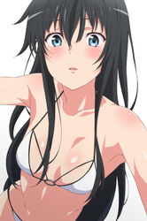  absurdres bikini black_hair blue_eyes blush breasts collarbone commentary_request female hair_between_eyes halterneck highres long_hair looking_at_viewer parted_lips shou937 sidelocks simple_background small_breasts solo string_bikini swimsuit upper_body white_background white_bikini yahari_ore_no_seishun_lovecome_wa_machigatteiru. yukinoshita_yukino 