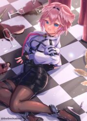  absurdres black_choker blue_eyes blush bob_cut breast_zipper breasts brown_pantyhose choker collared_shirt cup drinking_glass female fingerless_gloves gloves hair_between_eyes hair_wings hairband high-waist_shorts high_heels highres hololive large_breasts long_sleeves lying mihaeru necktie on_floor on_side pantyhose pantyhose_under_shorts pink_hair pink_necktie puffy_long_sleeves puffy_sleeves raised_eyebrows shirt short_hair shorts sideboob solo takane_lui takane_lui_(1st_costume) taut_clothes tile_floor tiles virtual_youtuber wine_glass 