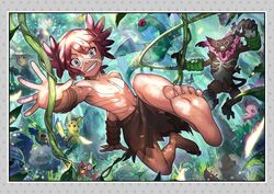  1boy alternate_color amoonguss barefoot celebi cherrim cherrim_(sunshine) cherubi clenched_teeth combee commentary_request cottonee cramorant cutiefly day facepaint flygon highres hoothoot jungle koko_(pokemon) light_rays loincloth looking_at_viewer male_focus nature navel nijimaarc nuzleaf oddish outdoors pikachu plant pokemon pokemon_(anime) pokemon_(creature) pokemon_the_movie:_secrets_of_the_jungle red_hair rookidee rufflet seedot shiny_pokemon skwovet smile soles spread_fingers teeth tied_hair toes topless_male vines vullaby whimsicott zarude zarude_(dada) 