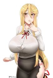  black_skirt blonde_hair blush breasts brown_eyes buttons commentary cowboy_shot curvy english_commentary eyes_visible_through_hair female finger_to_mouth hair_between_eyes hair_ribbon highschool_of_the_dead huge_breasts long_hair long_sleeves looking_at_viewer low-tied_long_hair marikawa_shizuka panties parted_lips pink_panties red_ribbon ribbon shirt simple_background skirt solo taut_clothes taut_shirt tied_hair torn_clothes torn_skirt twrlare underwear very_long_hair white_background 