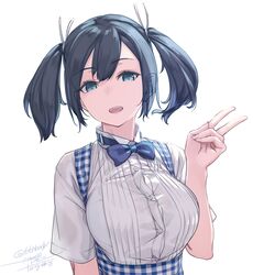  alternate_costume apron blue_apron blue_bow blue_bowtie blue_eyes blue_hair bow bowtie breasts dated ears_visible_through_hair female gingham gingham_apron hair_ribbon hand_up highres kantai_collection kobeya_uniform large_breasts looking_at_viewer one-hour_drawing_challenge open_mouth ribbon rokuwata_tomoe short_sleeves sidelocks signature simple_background solo souryuu_(kancolle) teeth twintails twitter_username underbust upper_body upper_teeth_only v white_background 