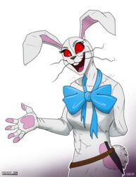  2020 5_fingers :d absurd_res anthro belt big_bow_tie big_ears big_pupils black_eyes black_nose bow_tie breasts buckteeth calesote514 dilated_pupils eyebrows eyelashes female fingers five_nights_at_freddy&#039;s five_nights_at_freddy&#039;s:_security_breach grey_eyebrows half-length_portrait hand_behind_back hi_res knife lagomorph leporid long_ears long_whiskers mammal multicolored_body open_mouth patch_(fabric) pawpads paws pink_body pink_tongue portrait pupils rabbit red_sclera scottgames scut_tail short_tail simple_background smile solo standing steel_wool_studios tail teeth tongue vanny_(fnaf) weapon whiskers white_background white_body white_tail 