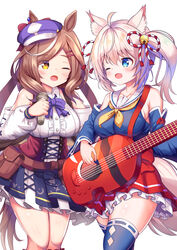  2girls animal_ears breasts brown_hair commentary_request dog_ears dog_girl guitar hat highres horse_ears horse_girl howan_(show_by_rock!!) instrument large_breasts looking_at_another matikane_tannhauser_(umamusume) microphone multiple_girls one_eye_closed open_mouth show_by_rock!! simple_background thighhighs thighs umamusume voice_actor_connection white_hair yuutopia 