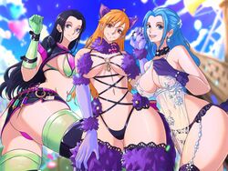  3girls absurdres animal_ears artoria_pendragon_(fate) artoria_pendragon_(lancer_alter)_(fate) artoria_pendragon_(lancer_alter)_(royal_icing)_(fate) artoria_pendragon_(lancer_alter)_(royal_icing)_(fate)_(cosplay) ass babydoll bikini black_hair black_panties blue_hair breasts claws cosplay english_commentary fate/grand_order fate_(series) florence_nightingale_(fate) florence_nightingale_(trick_or_treatment)_(fate) florence_nightingale_(trick_or_treatment)_(fate)_(cosplay) fur-trimmed_gloves fur-trimmed_legwear fur_bikini fur_collar fur_trim garter_belt gloves green_bikini green_gloves green_thighhighs highres lace-trimmed_legwear lace_trim layered_bikini lingerie mash_kyrielight mash_kyrielight_(dangerous_beast) mash_kyrielight_(dangerous_beast)_(cosplay) microskirt multiple_girls nami_(one_piece) nefertari_vivi nico_robin o-ring o-ring_top one_piece opalis orange_hair panties purple_gloves purple_tail purple_thighhighs revealing_clothes rubber_gloves see-through skirt smile snowflake_print swimsuit syringe tail thighhighs thighs thong underwear wolf_ears wolf_tail 