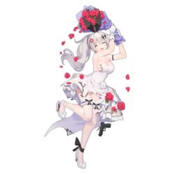  anger_vein ankle_ribbon arm_ribbon arms_up bare_shoulders black_ribbon blush bouquet bow breasts cleavage closed_eyes dress dress_flower dropping facing_viewer female five-seven_(girls&#039;_frontline) five-seven_(smile_of_acceptance)_(girls&#039;_frontline) flower flower_request fn_five-seven footwear_bow frilled_thighhighs frills frown full_body girls&#039;_frontline gloves gun hair_between_eyes hair_ornament hair_ribbon handgun high_heels holding holding_bouquet jewelry large_breasts leg_ribbon legs long_hair official_alternate_costume official_art open_mouth ponytail ribbon scorch_mark shoe_dangle simple_background solo standing standing_on_one_leg suisai_(suisao) swinging thighhighs third-party_source torn_clothes torn_dress torn_gloves torn_thighhighs transparent_background weapon wedding_dress white_dress white_footwear white_gloves white_hair white_thighhighs 