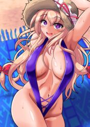  armpits blonde_hair breasts cleavage commentary cowboy_shot female hat highres large_breasts navel nioti outdoors presenting_armpit purple_eyes slingshot_(weapon) slingshot_swimsuit solo sun_hat swimsuit thighs touhou yakumo_yukari 