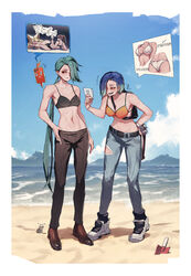  2girls abs ass bare_shoulders beach bikini black_bra blue_hair bluecup bra breasts camera cleavage collarbone denim gimmighoul gradient_hair highres holding holding_camera jeans leaning_forward long_hair loose_hair_strand medium_breasts mountainous_horizon multicolored_hair multiple_girls navel no_shirt pants perrin_(pokemon) pokemon pokemon_(creature) pokemon_sv ponytail rika_(pokemon) rotom rotom_phone shoes small_breasts sneakers standing staryu swimsuit toned torn_clothes torn_jeans torn_pants translation_request two-tone_hair underwear very_long_hair watch water wristwatch 