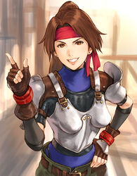  armor belt bodysuit bodysuit_under_clothes boobplate breastplate brown_eyes brown_hair commentary_request earrings female final_fantasy final_fantasy_vii final_fantasy_vii_remake fingerless_gloves gloves hand_up headband highres index_finger_raised jessie_rasberry jewelry lips long_hair looking_at_viewer makimura_shunsuke pants parted_lips ponytail red_headband shoulder_armor shoulder_pads smile solo turtleneck upper_body 