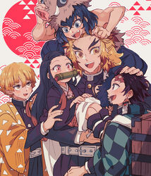  4boys agatsuma_zenitsu bamboo bit_gag black_hair blonde_hair blue_hair boar_mask brown_hair checkered_haori demon_slayer_uniform earrings female forehead forked_eyebrows gag gradient_hair green_eyes hair_ribbon haori hashibira_inosuke holding holding_person imori_nyuuuto japanese_clothes jewelry kamado_nezuko kamado_tanjirou kimetsu_no_yaiba kimono long_hair long_sleeves mouth_hold multicolored_hair multiple_boys obi oerba_yun_fang open_mouth pants pink_eyes pink_kimono pink_ribbon red_eyes red_hair rengoku_kyoujurou ribbon sash scar scar_on_face scar_on_forehead seigaiha short_hair smile topless_male two-tone_hair uroko_(pattern) very_long_hair yellow_eyes 