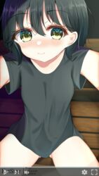  ass_visible_through_thighs aties20 black_hair black_shirt blush closed_mouth commentary_request fake_video female green_eyes hair_between_eyes highres looking_at_viewer nose_blush original shirt short_sleeves sitting solo wide_sleeves 