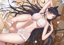  absurdres animal_ears atago_(azur_lane) atago_(summer_march)_(azur_lane) azur_lane bad_feet bag barefoot bikini black_hair breasts commentary dog_ears error1945 extra_ears feet female highres large_breasts long_hair looking_at_viewer lying mole mole_under_eye official_alternate_costume sarong see-through shoes solo spread_toes swimsuit toes unworn_shoes white_bikini 