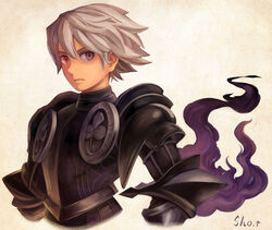  1boy armor artist_name black_armor closed_mouth clover couter cropped_jacket cuirass engraved fire grey_hair hair_between_eyes heterochromia highres looking_at_viewer male_focus odin_sphere oswald_(odin_sphere) pauldrons purple_eyes purple_fire red_eyes rerebrace rondel serious shamrock sho.t shoulder_armor sideways_glance simple_background solo upper_body vambraces 