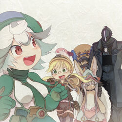  1other 2boys 2girls androgynous animal_ears black_shirt black_suit blonde_hair bondrewd brown_gloves brown_hair brown_headwear brown_jacket coat creature curly_hair dark_skin father_and_daughter formal furry glasses gloves green_eyes green_necktie hairband hat helm helmet jacket lolicon made_in_abyss meinya_(made_in_abyss) multiple_boys multiple_girls nanachi_(made_in_abyss) necktie open_clothes open_jacket open_mouth overcoat pointy_ears ponytail prushka rabbit_ears red_eyes regu_(made_in_abyss) riko_(made_in_abyss) shirt short_hair short_sleeves shorts simple_background smile suit t_jiroo_(ringofriend) twintails whistle white_hair white_shirt yellow_eyes 