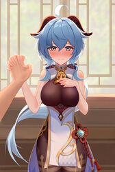  2021 ahoge bare_arms bare_shoulders bell bell_collar blue_hair blush bodysuit breast_suppress breasts clothed clothing collar cowbell eyebrows_visible_through_hair eyes_visible_through_hair ganyu_(genshin_impact) genshin_impact hair_between_eyes hand_on_chest handholding happy highres holding_hands horns indoors interlocked_fingers jewelry large_breasts looking_at_viewer male_pov pov pov_hands purple_eyes red_eyes short_hair sinzaki05 smile standing thick_thighs thighs wholesome wide_hips 