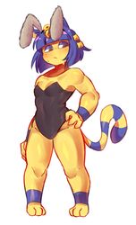  2022 animal_crossing ankha_(animal_crossing) anthro armor athletic athletic_anthro athletic_female bangs blue_clothing blue_ears blue_eyelids blue_eyeshadow blue_hair blue_legwear blunt_bangs blush bob_cut bodily_fluids breasts broad_shoulders bunny_costume clothing costume digital_media_(artwork) domestic_cat eyeshadow fake_ears fake_rabbit_ears felid feline felis female glistening_eyelids hair hanaarts hand_on_hip hi_res legwear leotard lidded_eyes looking_away makeup mammal markings narrowed_eyes nintendo simple_background small_breasts solo stocky striped_markings striped_tail stripes sweat tail tail_markings thick_thighs uraeus vambrace white_background yellow_body yellow_inner_ear 