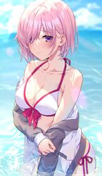  beach bikini blue_sky blurry blurry_background blush breasts cleavage day depth_of_field fate/grand_order fate_(series) female hair_over_one_eye highres hood hoodie jacket kuroki_(ma-na-tu) light_purple_hair looking_at_viewer mash_kyrielight mash_kyrielight_(swimsuit_of_perpetual_summer) medium_breasts off_shoulder official_alternate_costume outdoors partially_submerged purple_eyes revision short_hair sky solo swimsuit water wet wet_hair white_bikini 