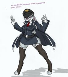  4_fingers absolute_territory anthro belt big_breasts bottomwear breasts clothing commissar crossover disney english_text female fingers garter_straps gloves handwear hi_res jacket judy_hopps lagomorph legwear leporid mammal necktie pace-maker purple_eyes rabbit scut_tail short_tail skirt smile smiling_at_viewer soldier_uniform solo stockings tail text thick_thighs thigh_gap thigh_highs topwear uniform warhammer_(franchise) warhammer_40000 zootopia 