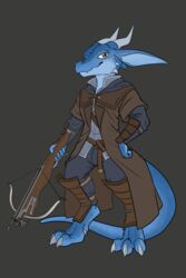  2023 5_fingers anthro biped black-kitten blue_body claws clothed clothing countershade_face countershading crossbow digitigrade fingers hi_res holding_object holding_weapon horn kobold male ran_(aidenanmadrauisce) ranged_weapon scalie simple_background smile solo tail weapon 