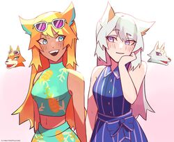  2girls :d absurdres animal_crossing animal_ears aqua_eyes artist_name audie_(animal_crossing) blonde_hair blue_dress blue_eyes blush breasts commentary crop_top dark-skinned_female dark_skin dress english_commentary eyewear_on_head flying-frappuccino fox_ears highres humanization long_hair looking_at_another medium_breasts multicolored_hair multiple_girls navel open_mouth orange_hair parted_lips sleeveless sleeveless_dress smile sunglasses tan teeth two-tone_hair upper_teeth_only whitney_(animal_crossing) wolf_ears yuri 