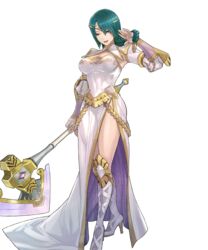  armpits axe battle_axe boots braid breasts bridal_gauntlets circlet cleavage dress female fire_emblem fire_emblem_heroes full_body green_hair hand_up high_heel_boots high_heels highres holding holding_weapon jewelry knee_boots large_breasts lips long_sleeves looking_at_viewer maeshima_shigeki non-web_source official_art open_mouth side_slit single_braid smile solo striped thighs thorr_(fire_emblem) tied_hair transparent_background vertical_stripes weapon white_dress white_footwear yellow_eyes 