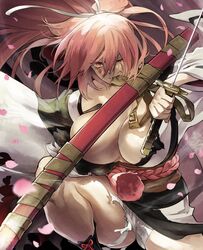  amputee baiken big_hair black_kimono breasts cherry_blossoms cleavage clenched_teeth falling_petals female guilty_gear highres holding holding_sword holding_weapon jako_(toyprn) japanese_clothes kataginu kimono large_breasts multicolored_clothes multicolored_kimono obiage obijime one-eyed open_clothes open_kimono petals pink_eyes pink_hair reverse_grip samurai scar scar_across_eye scar_on_face sheath sword teeth weapon white_kimono 