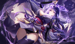  absurdres bare_shoulders braid breasts cleavage commentary detached_collar female genshin_impact hair_ornament highres japanese_clothes kimono lalazyt large_breasts long_hair long_sleeves looking_at_viewer low-braided_long_hair low-tied_long_hair obi off_shoulder purple_eyes purple_hair purple_kimono purple_thighhighs raiden_shogun sash solo thighhighs thighs wide_sleeves 