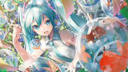  animal_print aqua_eyes aqua_hair aqua_nails aqua_necktie collared_shirt commentary daidou_(demitasse) female fish fish_print goldfish goldfish_print grey_shirt hair_between_eyes hair_ornament hatsune_miku highres holding leaf long_hair nail_polish necktie open_mouth plant shirt sleeveless sleeveless_shirt solo tanzaku tattoo trellis twintails vines vocaloid wind_chime 