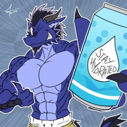  1:1 abs anthro beard beverage_can biped black_hair blue_body bottomwear clawed_fingers clothing dragon facial_hair grey_background grin grinning_at_viewer hair half-length_portrait holding_object holding_soda horn humanoid_pointy_ears looking_at_viewer male mctaylis muscular muscular_anthro muscular_male mythological_creature mythological_scalie mythology one_eye_closed pecs portrait psych_hydra scales scalie shorts signature simple_background smile solo tail text wink winking_at_viewer 