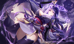  absurdres bare_shoulders braid breasts cleavage commentary detached_collar female genshin_impact hair_ornament highres japanese_clothes kimono lalazyt large_breasts long_hair long_sleeves looking_at_viewer low-braided_long_hair low-tied_long_hair obi off_shoulder purple_eyes purple_hair purple_kimono purple_thighhighs raiden_shogun sash solo thighhighs thighs wide_sleeves 