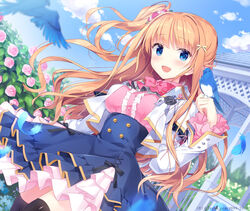  :d animal badge bird blue_eyes blue_skirt blue_sky bluebird blush bow breasts bush cloud commentary_request day dress dutch_angle female flower frilled_skirt frilled_sleeves frills gazebo hair_flower hair_ornament hair_ribbon highres jacket kimishima_ao long_hair medium_breasts open_mouth orange_hair original outdoors pink_bow ribbon rose rose_bush saijo_melia skirt sky smile solo white_jacket 