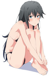  absurdres bare_legs barefoot bikini black_bikini black_hair blue_eyes blush breasts feet female highres knees_to_chest long_hair looking_at_viewer shou937 sideboob small_breasts solo swimsuit thighs yahari_ore_no_seishun_lovecome_wa_machigatteiru. yukinoshita_yukino 