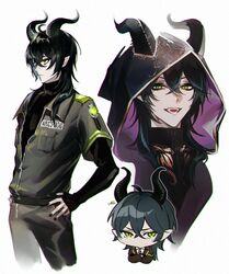  1boy black_nails fangs green_eyes hair_between_eyes hood horns long_hair looking_at_viewer maka_(mksrw) male_focus malleus_draconia multiple_views night_raven_college_gym_uniform open_clothes open_mouth pointy_ears sidelocks sportswear twisted_wonderland 