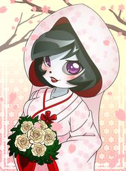  anthro asian_clothing bear blush bouquet chacrawarrior cherry_blossom clothing dress east_asian_clothing female flower freedom_planet galaxytrail giant_panda grin hi_res japanese_clothing kimono looking_at_viewer mammal neera_li plant prunus_(flower) smile solo wedding_dress 