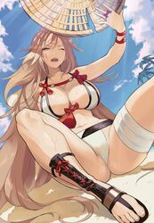  baiken bikini blue_sky breasts brown_hair cloud commentary day facial_mark female guilty_gear guilty_gear_xrd hair_down hat highres holding holding_clothes holding_hat jako_(toyprn) large_breasts legs long_hair nail_polish navel one_eye_closed open_mouth palm_tree pink_nails sand sandals shiny_skin sitting sky solo sweat swimsuit thighs toenail_polish toenails toes tree unworn_hat unworn_headwear very_long_hair white_bikini 