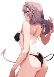  absurdres ass back bare_shoulders black_tail blush breasts commission covered_navel covered_nipples demon_girl demon_tail female fingernails grey_background grey_hair gris_swimsuit highres long_fingernails meme_attire original parted_lips pointy_ears purple_eyes see-through simple_background single_bare_shoulder skeb_commission skindentation solo swimsuit tail takena-c tattoo untying 