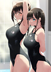  2girls armpits arms_behind_back arms_up aya_(jonsun) bare_hips bare_shoulders black_hair black_one-piece_swimsuit blue_eyes breasts brown_eyes commentary_request competition_swimsuit cowboy_shot from_side jonsun large_breasts long_hair looking_at_viewer looking_to_the_side mole mole_on_armpit mole_under_eye multiple_girls one-piece_swimsuit original sidelocks swimsuit tamami_(jonsun) wet 