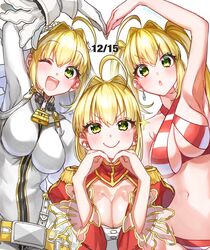  3girls absurdres ahoge bare_shoulders bikini blonde_hair blush bodysuit braid breasts bridal_veil chains cleavage cleavage_cutout closed_mouth clothing_cutout collarbone criss-cross_halter dress earrings epaulettes fate/extra fate/extra_ccc fate/grand_order fate_(series) flower_wreath french_braid full-length_zipper green_eyes hair_between_eyes hair_bun hair_intakes halterneck head_wreath heart_arms heart_arms_duo highres jewelry juliet_sleeves large_breasts lock long_hair long_sleeves looking_at_viewer multiple_girls multiple_persona navel nero_claudius_(bride)_(fate) nero_claudius_(fate) nero_claudius_(fate/extra) nero_claudius_(swimsuit_caster)_(fate) one_eye_closed open_mouth padlock padlocked_collar puffy_sleeves red_bikini red_dress side-tie_bikini_bottom single_hair_bun sling_bikini_top smile striped_bikini striped_clothes swimsuit twintails veil white_bodysuit yayoi_maka zipper zipper_pull_tab 