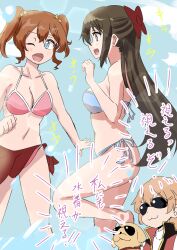  3girls :3 ;d animal barefoot bikini blue_bikini blue_eyes breasts brown_hair canine cleavage closed_mouth clothed_animal collarbone commentary_request ereka hair_between_eyes half_updo highres jacket konoe_haruka konoe_kanata lens_flare love_live! love_live!_nijigasaki_high_school_idol_club medium_breasts multiple_girls nijiyon one_eye_closed open_mouth osaka_shizuku pink_bikini red_jacket red_sarong sarong short_hair side-tie_bikini_bottom sidelocks sideways_mouth smile sunglasses swimsuit translation_request twintails 