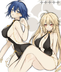  2girls alternate_costume antenna_hair archetype_earth arcueid_brunestud backless_dress backless_outfit bare_shoulders bb_dubai_(fate) bb_dubai_(fate)_(cosplay) black_dress blonde_hair blue_eyes blue_hair blush breasts ciel_(tsukihime) cleavage collarbone commentary_request cosplay dainatsu dress fate/grand_order fate_(series) grey_background hair_between_eyes highres invisible_chair large_breasts long_hair looking_at_viewer medium_breasts multiple_girls red_eyes short_hair sitting smile thighs tsukihime tsukihime_(remake) very_long_hair 