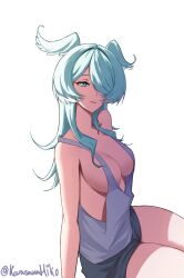  aqua_eyes blue_hair breasts elira_pendora female hair_over_one_eye head_wings highres karasawa_miko large_breasts long_hair looking_at_viewer loose_clothes loose_shirt nijisanji nijisanji_en parted_lips shirt shorts simple_background solo thighs twitter_username virtual_youtuber white_background wings 