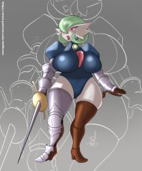  5:6 armor big_breasts breasts curvy_figure ear_piercing ear_ring female gardevoir generation_3_pokemon hi_res huge_breasts humanoid jmf lipstick makeup melee_weapon nintendo piercing pokemon pokemon_(species) rapier ring_piercing solo sword thick_thighs voluptuous weapon 