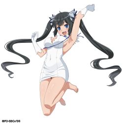  :d arm_up armpits bare_legs barefoot black_hair blue_eyes bow breasts dress dungeon_ni_deai_wo_motomeru_no_wa_machigatteiru_darou_ka female floating_hair full_body gloves grey_bow hairbow hestia_(danmachi) highres jumping large_breasts legs_up long_hair official_art open_mouth rei_no_himo shiny_skin short_dress sideboob simple_background sleeveless sleeveless_dress smile solo twintails very_long_hair white_background white_dress white_gloves 