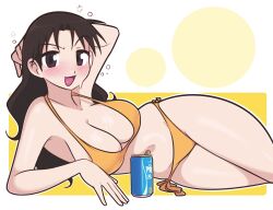  absurdres arm_behind_head azumanga_daiou beer_can bikini black_hair blush breasts brown_eyes can commentary drink_can feline female halterneck highres jeff_miga long_hair looking_afar lying navel on_side open_mouth orange_bikini outline side-tie_bikini_bottom solo swimsuit tanizaki_yukari thighhighs white_outline yellow_background 