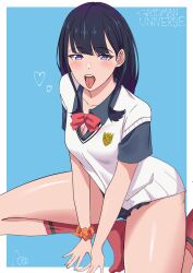  absurdres ari_87 black_hair blush bottomless breasts female gridman_universe heart highres jacket long_hair neck_ribbon purple_eyes ribbon school_uniform scrunchie simple_background sitting socks solo ssss.gridman takarada_rikka thighs tongue tongue_out 