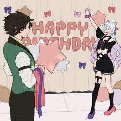  2boys androgynous asymmetrical_footwear balloon black_hair black_skirt blue_hair closed_eyes cone_hair_bun diamond_cutout double_bun drill_hair fire_emblem fire_emblem_engage folded_twintails green_vest hahm0106 hair_bun hair_horns happy_birthday highres holding holding_balloon light_blue_hair long_sleeves louis_(fire_emblem) male_focus mismatched_footwear multiple_boys otoko_no_ko rosado_(fire_emblem) skirt vest 