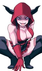  black_hair boots breasts fangs female fishnets frills gloves halloween_costume highres hood hood_up horns ilo_a5 juri_han large_breasts looking_at_viewer official_alternate_costume red_eyes red_gloves shaded_face solo street_fighter street_fighter_v thigh_boots tongue tongue_out 